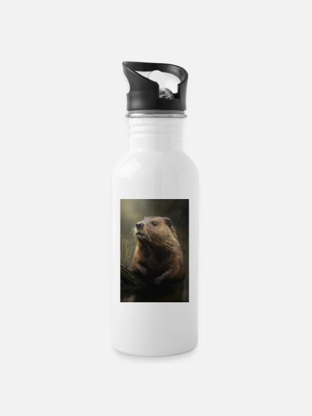 Biber Tier Süß - Trinkflasche mit integriertem Trinkhalm - Weiß