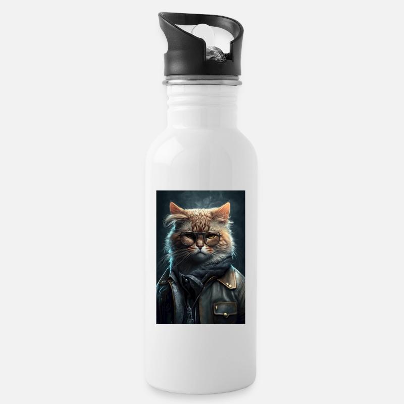 Gangster Katze Cool Cat Brille - Trinkflasche mit integriertem Trinkhalm - Weiß