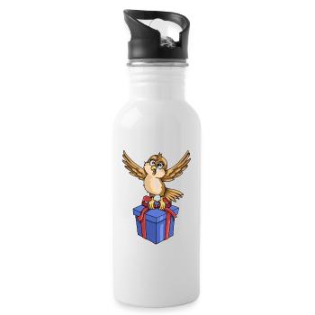 Lustiger Vogel mit Geschenk - Trinkflasche mit integriertem Trinkhalm - Weiß - Rechts