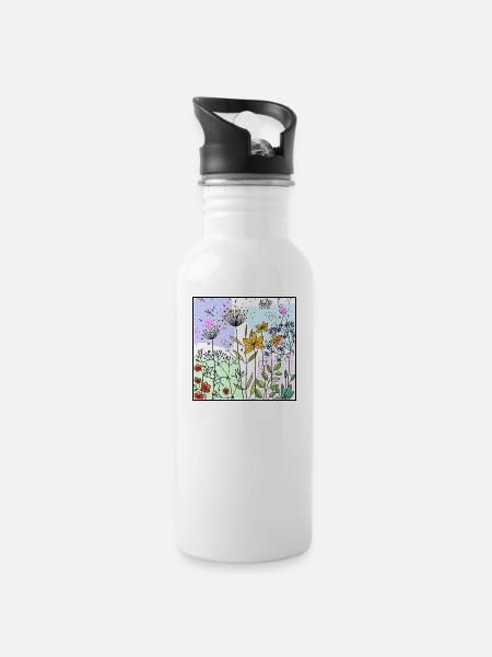 Blumen - Trinkflasche mit integriertem Trinkhalm - Weiß