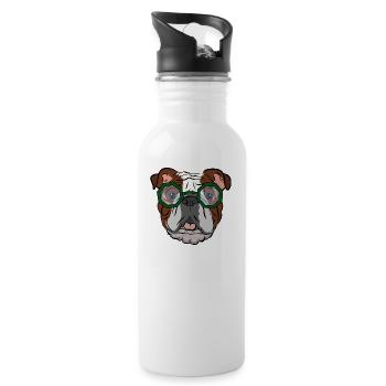 Bulldog with green glasses, gift idea - Water bottle with straw - white - Right