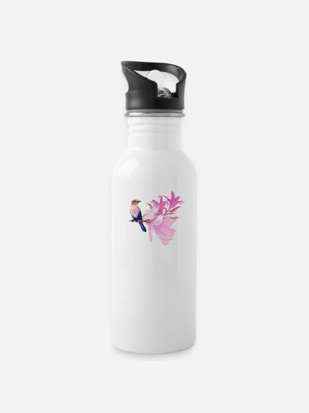 Oiseau avec des fleurs - Gourde avec paille intégrée - blanc