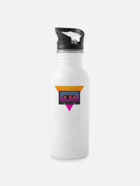80's Kassette - Trinkflasche mit integriertem Trinkhalm - Weiß