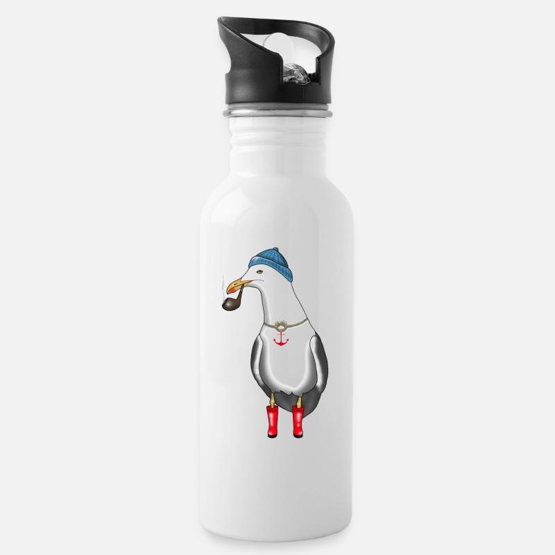 Möwe Seemann Kapitän - Trinkflasche mit integriertem Trinkhalm - Weiß
