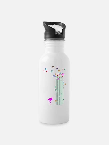 Frühling Flamingo Blume Schmetterling Valentinstag - Trinkflasche mit integriertem Trinkhalm - Weiß