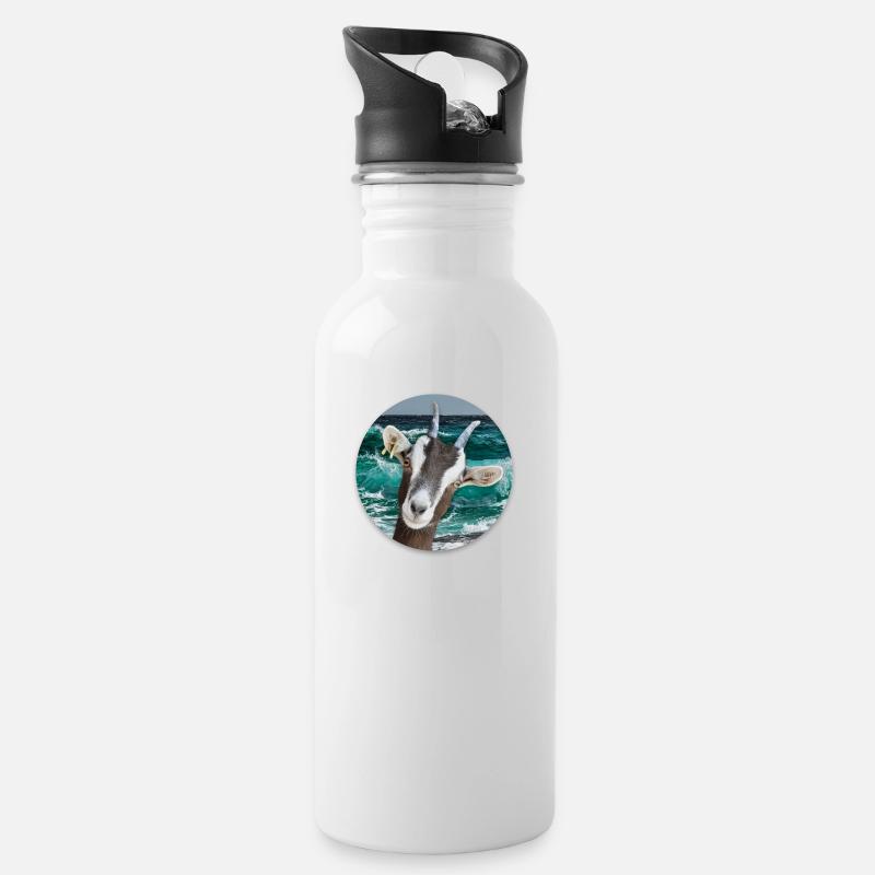 Ziege - Goat - Trinkflasche mit integriertem Trinkhalm - Weiß