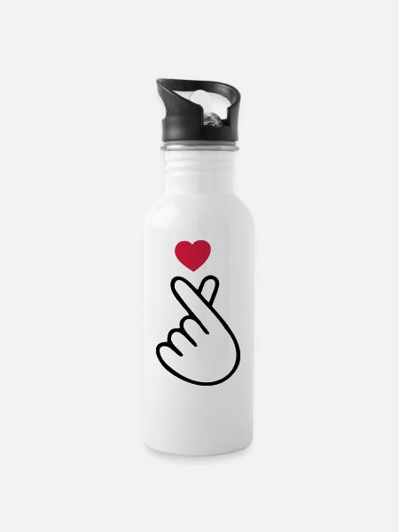 ♥I Love You-Cute Korean Finger Heart Sign♥ - Water bottle with straw - white