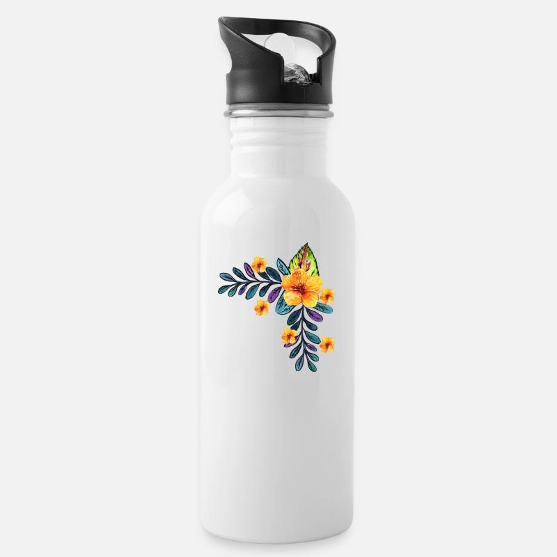 Blumen - Trinkflasche mit integriertem Trinkhalm - Weiß