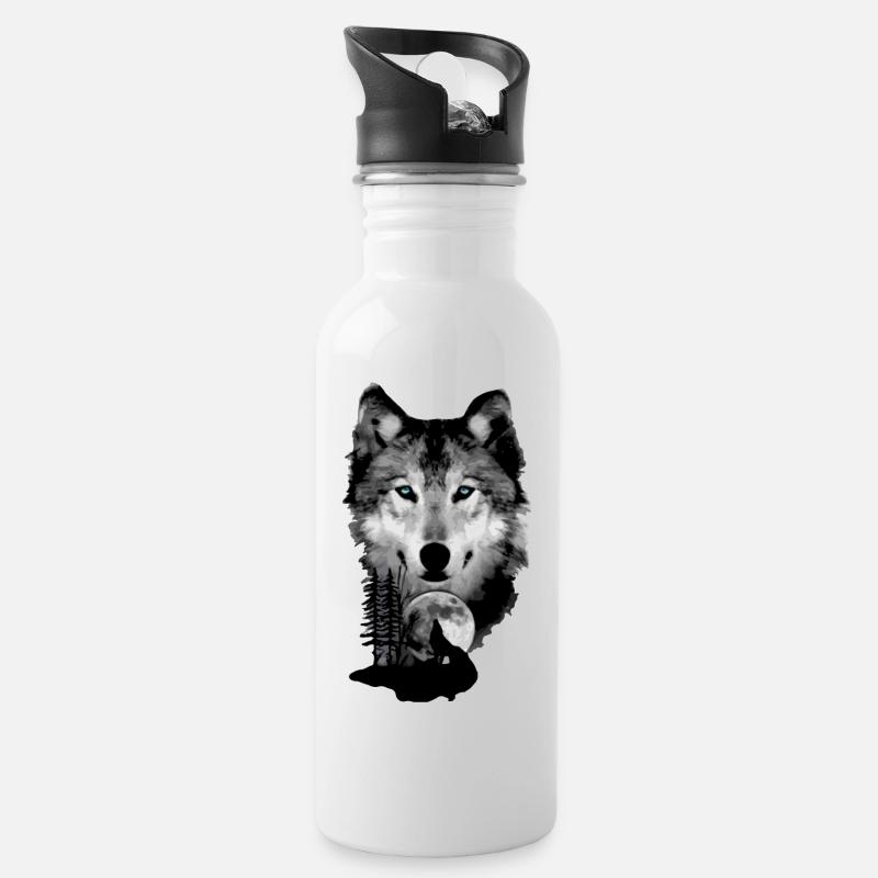 Wölfe - Trinkflasche mit integriertem Trinkhalm - Weiß