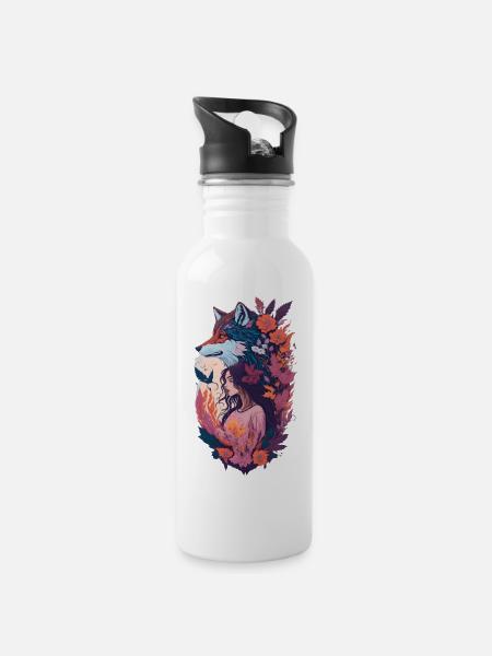 shewolfdaughter wolf wolves woman flowers - Water bottle with straw - white