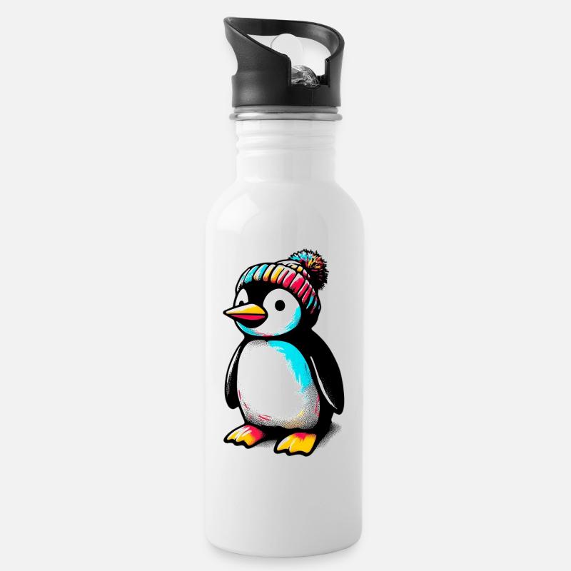 Pinguin mit winterlicher Wollmütze - Trinkflasche mit integriertem Trinkhalm - Weiß