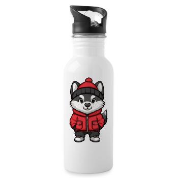 Husky Dog Cartoon - Water bottle with straw - white - Right