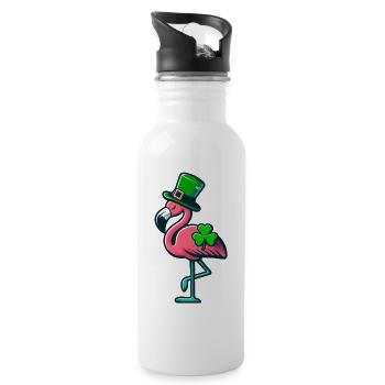 Lucky Flamingo, Funny St. Patrick's Day Design - Water bottle with straw - white - Right