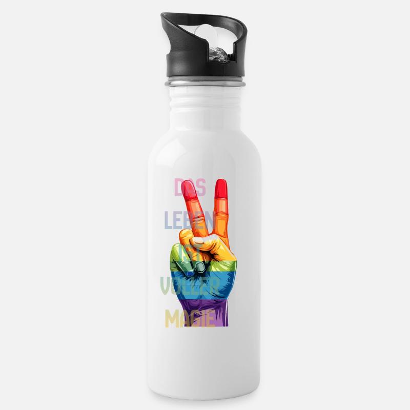 Regenbogen-Peace Hand – Das Leben ist voller Magie - Trinkflasche mit integriertem Trinkhalm - Weiß