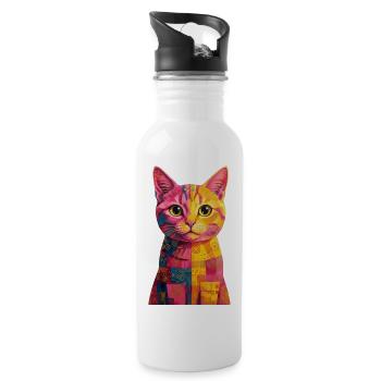 Pop Art Katze - bunt - Trinkflasche mit integriertem Trinkhalm - Weiß - Rechts