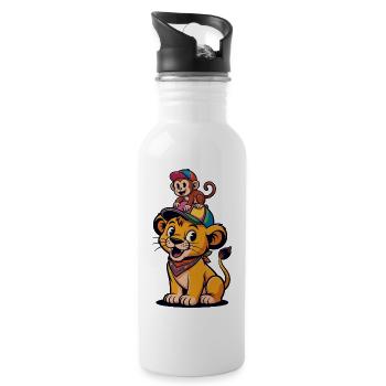 Cute Lion and Monkey – Best Friends Cartoon Style - Water bottle with straw - white - Right