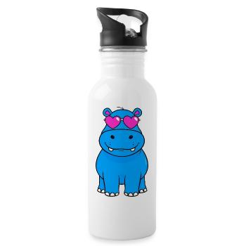 Blaues retro Nilpferd mit rosa Brille - Trinkflasche mit integriertem Trinkhalm - Weiß - Rechts
