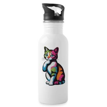 Nachdenkliche Pop-Katze Farbexplosion - Trinkflasche mit integriertem Trinkhalm - Weiß - Rechts