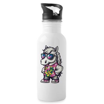 Pferd Comic Urlaub - Trinkflasche mit integriertem Trinkhalm - Weiß - Rechts