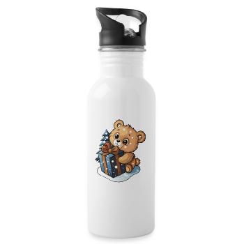Cute bear unwrapping gift - Water bottle with straw - white - Right
