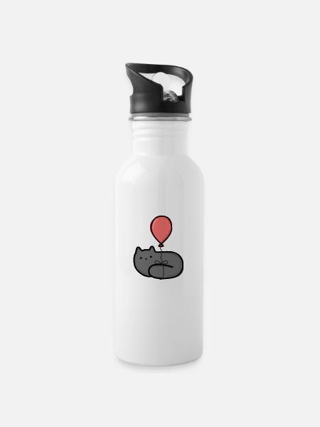 Katze mit Ballon - Trinkflasche mit integriertem Trinkhalm - Weiß