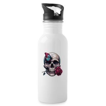 Skull with red rose and butterfly - Water bottle with straw - white - Right