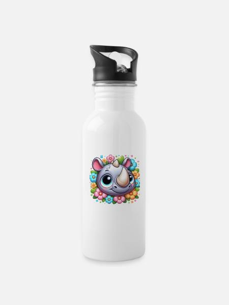 Nashorn Billy - Trinkflasche mit integriertem Trinkhalm - Weiß