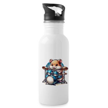 Hamster drummer rocks on music waves - Water bottle with straw - white - Right