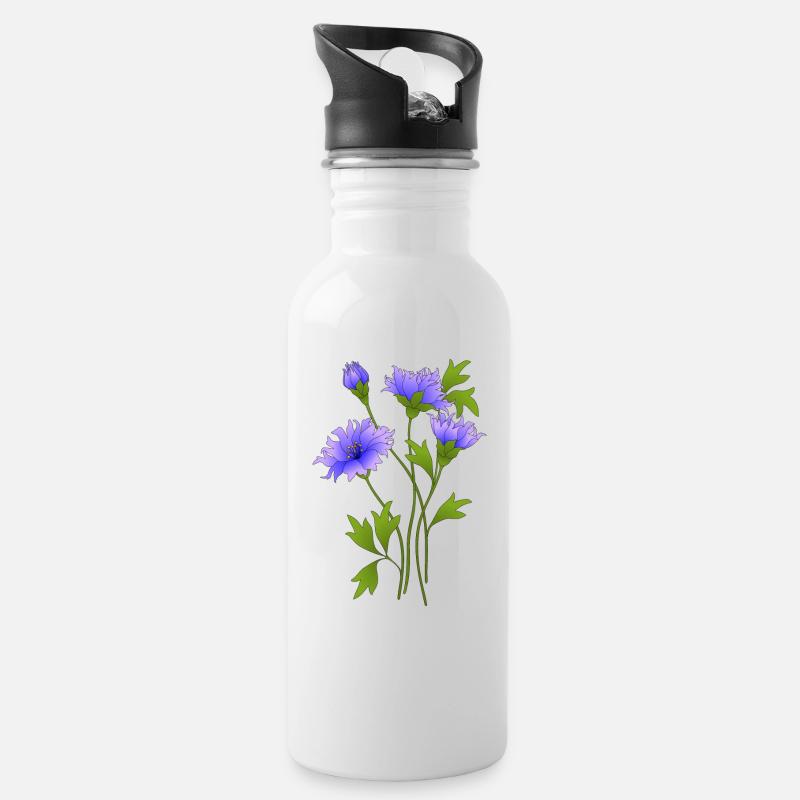 Blaue blumen - Trinkflasche mit integriertem Trinkhalm - Weiß