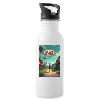 Ein netter, kleiner Alien entsteigt seinem UFO - Trinkflasche mit integriertem Trinkhalm - Weiß - Rechts