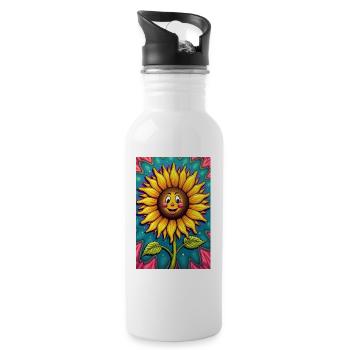 Freundlich lächelnde Sonnenblume - Trinkflasche mit integriertem Trinkhalm - Weiß - Rechts