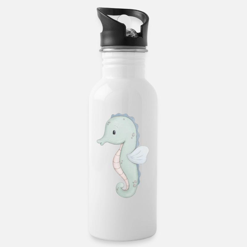 Seahorse - Water bottle with straw - white