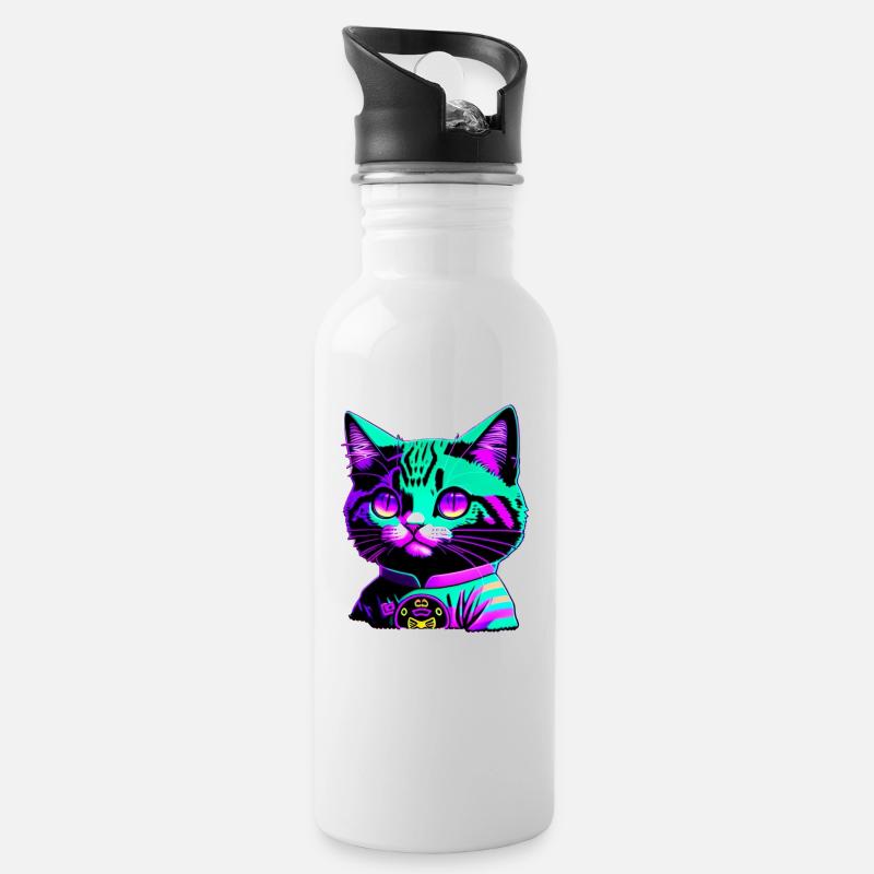 Funky cat - Trinkflasche mit integriertem Trinkhalm - Weiß