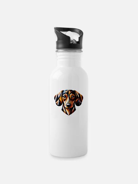 Farbenfroher Dackel: Geometrisches Low-Poly-Artwork - Trinkflasche mit integriertem Trinkhalm - Weiß