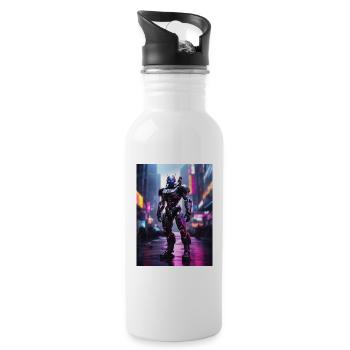 Neon Mecha in Stadtlichtern - Trinkflasche mit integriertem Trinkhalm - Weiß - Rechts