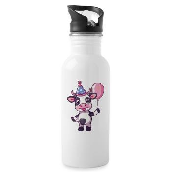 Kuh Geburtstag Comic - Trinkflasche mit integriertem Trinkhalm - Weiß - Rechts