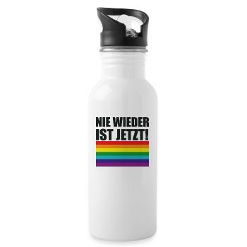 Nie Wieder Ist Jetzt Spruch Schriftzug - Trinkflasche mit integriertem Trinkhalm - Weiß - Rechts