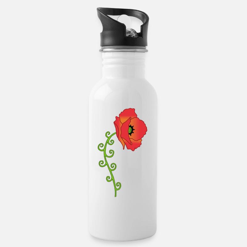 Mohnblume und Spiralblätter - Trinkflasche mit integriertem Trinkhalm - Weiß