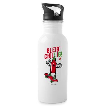 Spruch "Bleib' Chillig!" und Chili auf Skateboard - Trinkflasche mit integriertem Trinkhalm - Weiß - Rechts