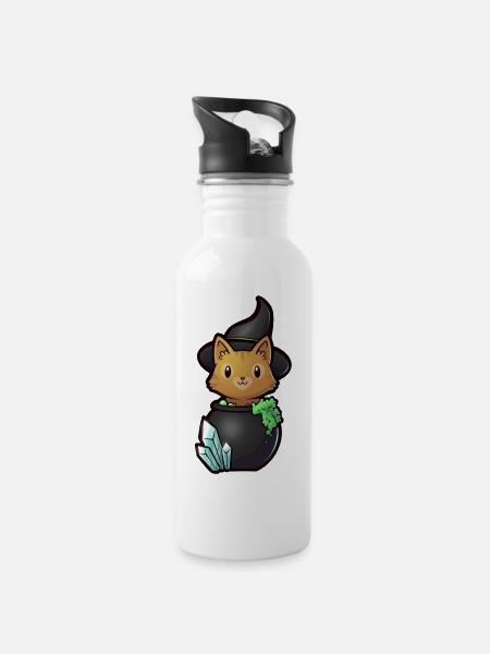 Hexenkatze - Trinkflasche mit integriertem Trinkhalm - Weiß