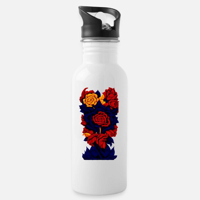 Fleurs (bleu foncé, rouge, jaune) - Gourde avec paille intégrée - blanc