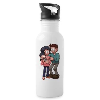 Cartoon Couple With Baby - Water bottle with straw - white - Right