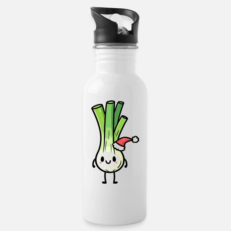 Kawaii Lauch mit Weihnachtsmütze - Trinkflasche mit integriertem Trinkhalm - Weiß