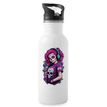 Sugar Skull Girl with Pink Hair & Blue Headphones - Water bottle with straw - white - Right