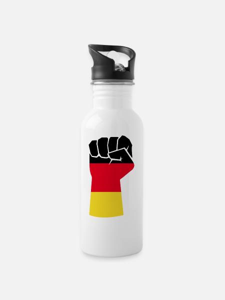 Deutsche Faust nach oben haltend - Trinkflasche mit integriertem Trinkhalm - Weiß