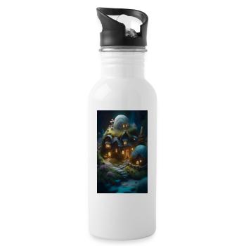 Cozy miniature cottage fantasy scene - Water bottle with straw - white - Right