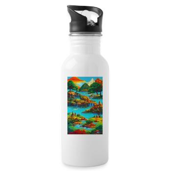 Exotische & bunte KI-Landschaft - Trinkflasche mit integriertem Trinkhalm - Weiß - Rechts
