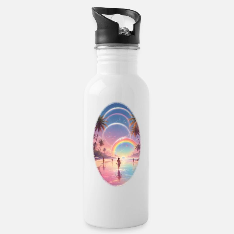 Pastellstrand Regenbogen-Traum - Trinkflasche mit integriertem Trinkhalm - Weiß