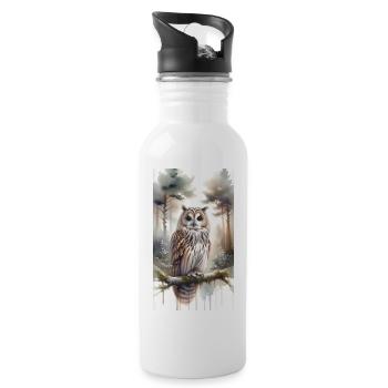 Eule im Aquarell - Trinkflasche mit integriertem Trinkhalm - Weiß - Rechts