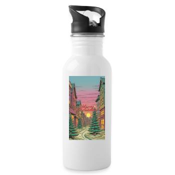 Merry Christmas Winter Village Scene Merry - Water bottle with straw - white - Right